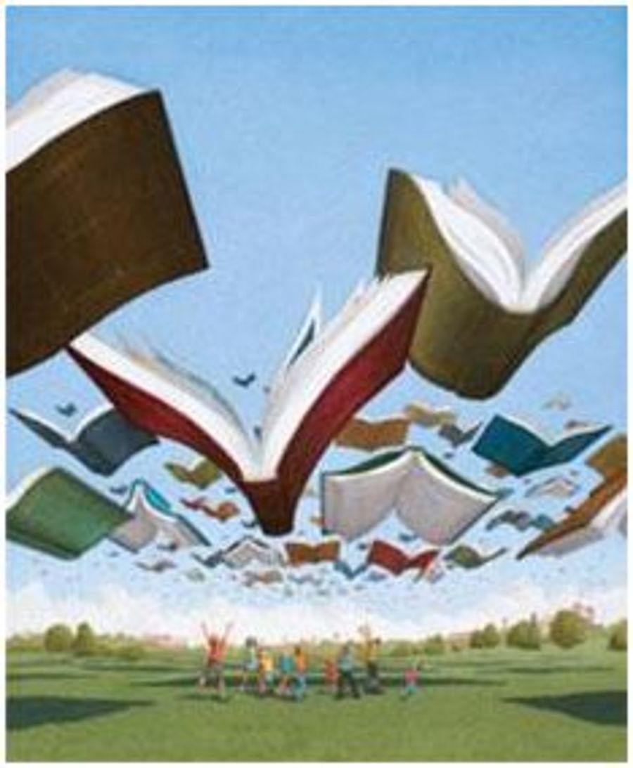 Zeichnung von aufgeschlagenen, fliegenden Büchern