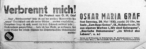 Poster zu einer Lesung Oskar Maria Grafs in Wien