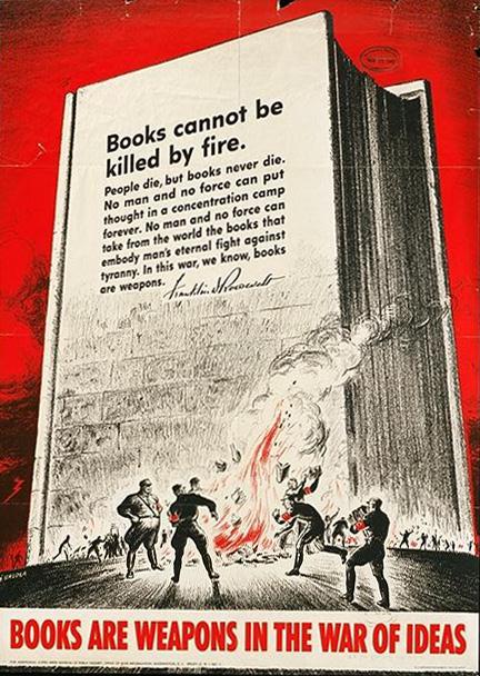 US-amerikanisches Poster des "War Information Office" zur Bücherverbrennung (1942)